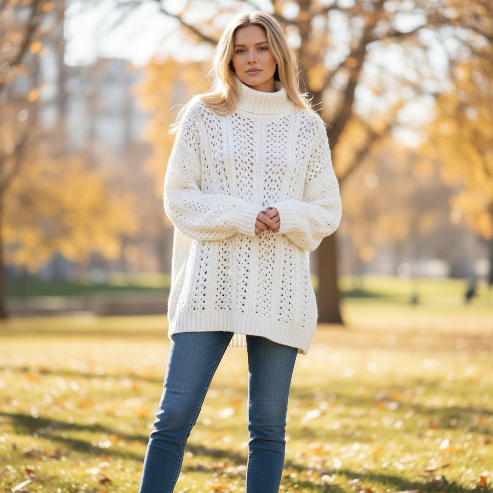 Hello Nite Sweater XL Cream NEW Chenille Turtleneck Open Stitch H7C-38P05